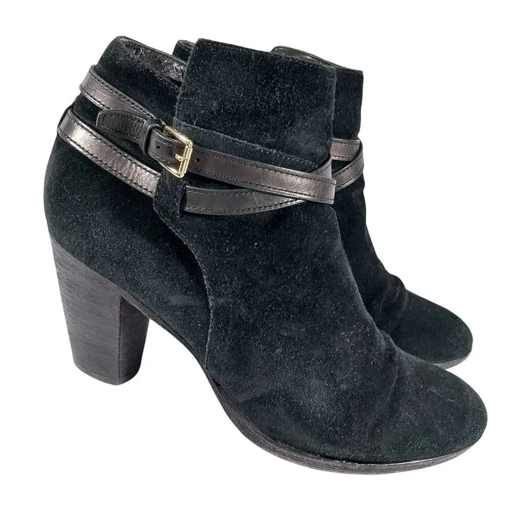 COLE HAAN! BLACK GENUINE SUEDE LEATHER CRISS-CROSS, CHUNKY ANKLE BOOTS! SZ 10B